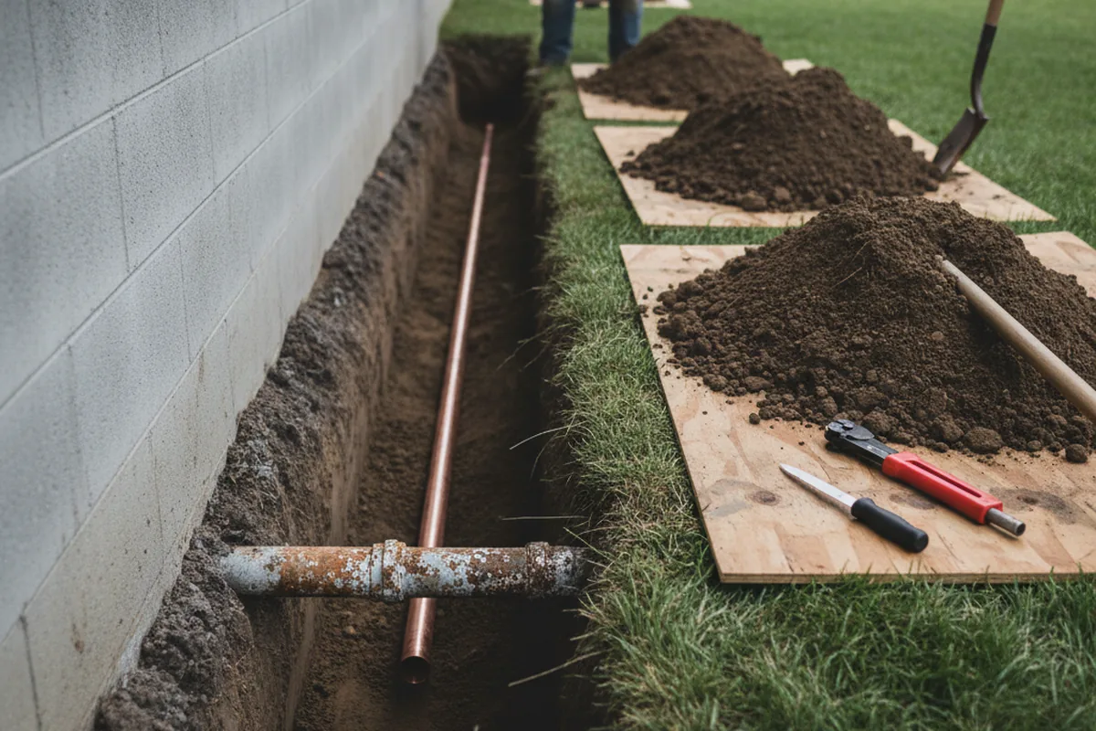 Excavated water line trench during Sewer Line Repair in Brogue